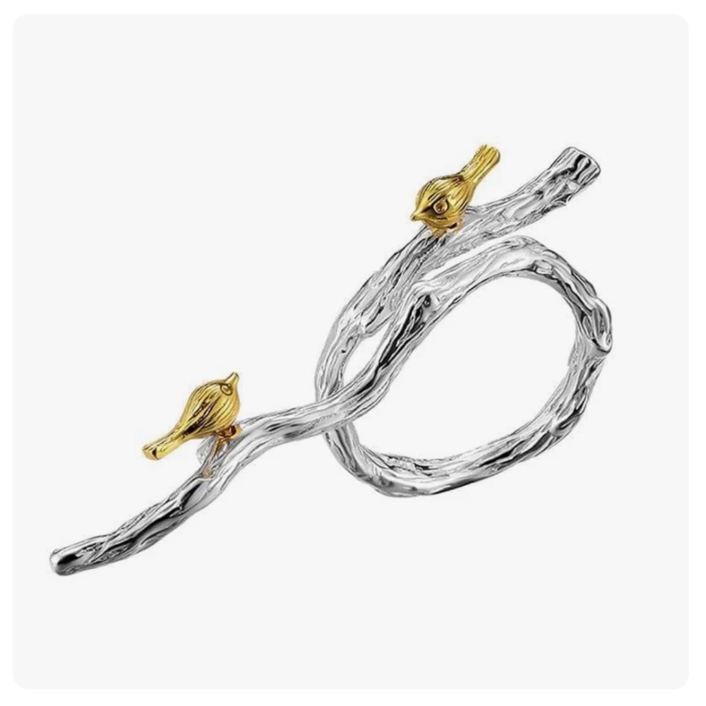 BIRDS ON BRANCH RING - 925 SILVER/GOLD PLATED - ADJUSTABLE - NWOT